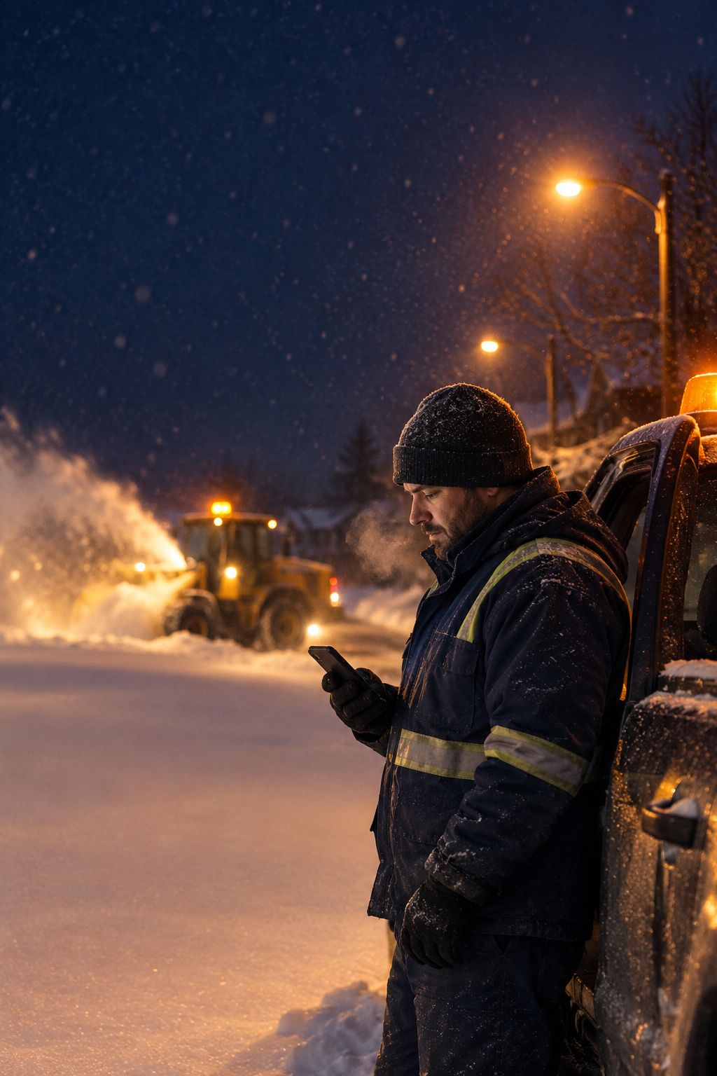 Un entrepreneur en déneigement à côté de son pick-up, au petit matin après une tempête, lit l'horaire de son équipe sur son cellulaire.