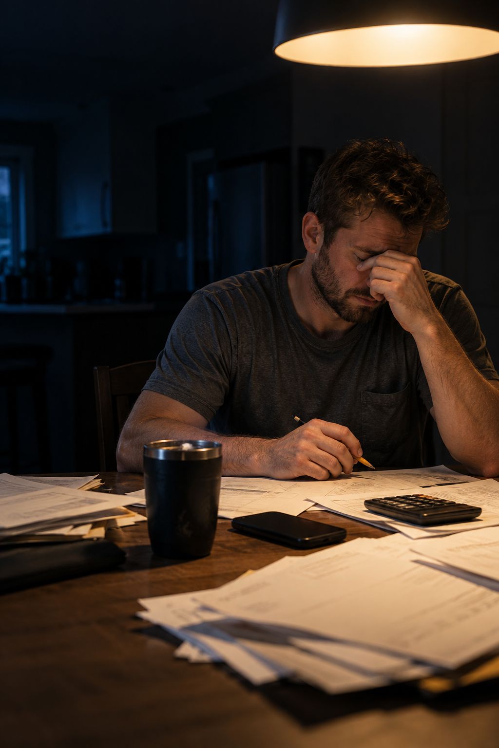 Un entrepreneur fatigué, le soir à la table de cuisine, devant des soumissions et des factures papier.