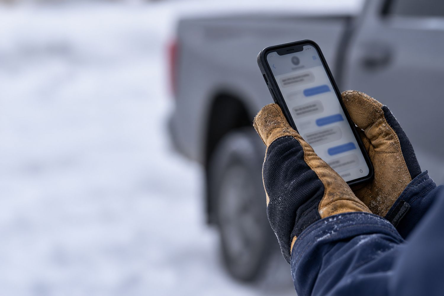 Une main gantée tient un cellulaire qui affiche une conversation texto avec un client.