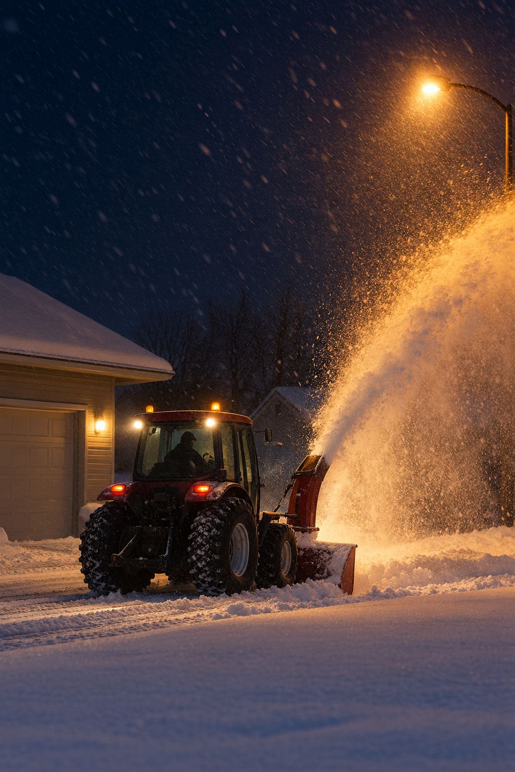 Un tracteur-souffleur dégage une entrée de bungalow la nuit, sous les lampadaires.