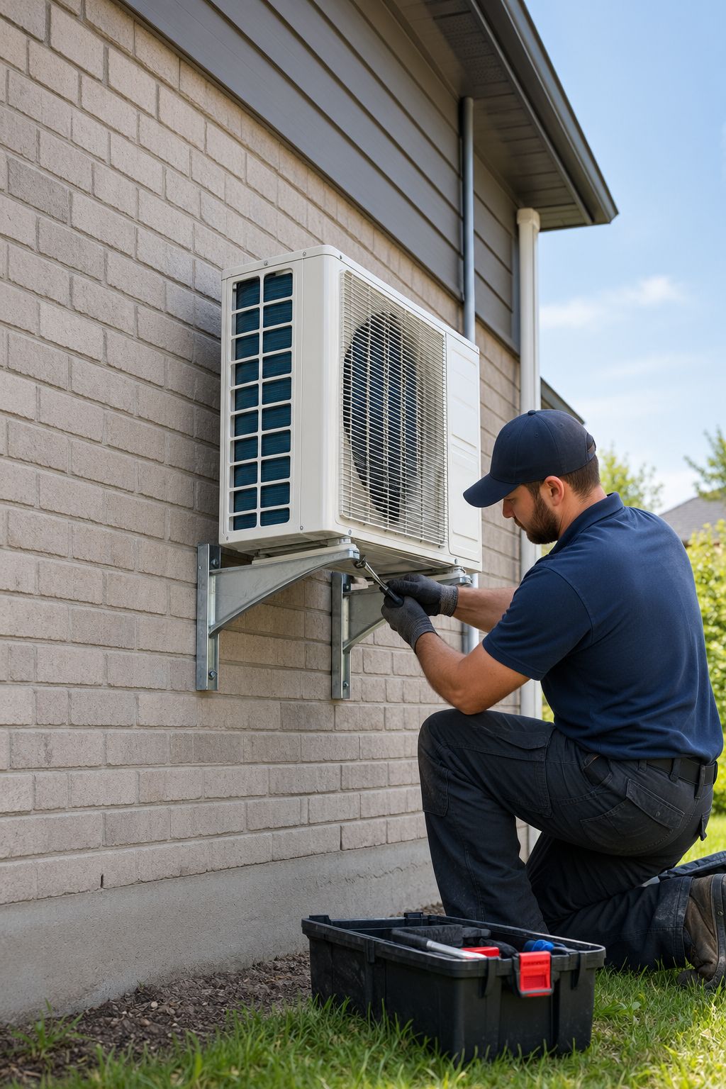 Un frigoriste installe une thermopompe extérieure sur son support, devant une maison de banlieue.