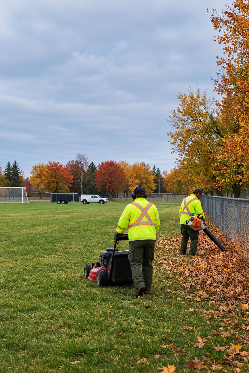 Une équipe entretient les espaces verts d'un terrain municipal.
