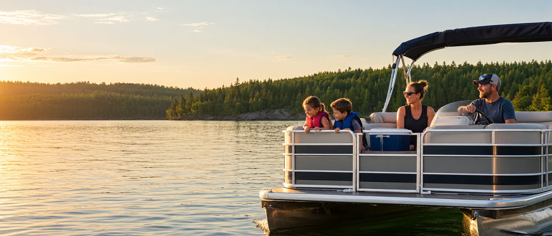 Un entrepreneur en vacances au bateau sur un lac avec sa blonde et ses enfants.