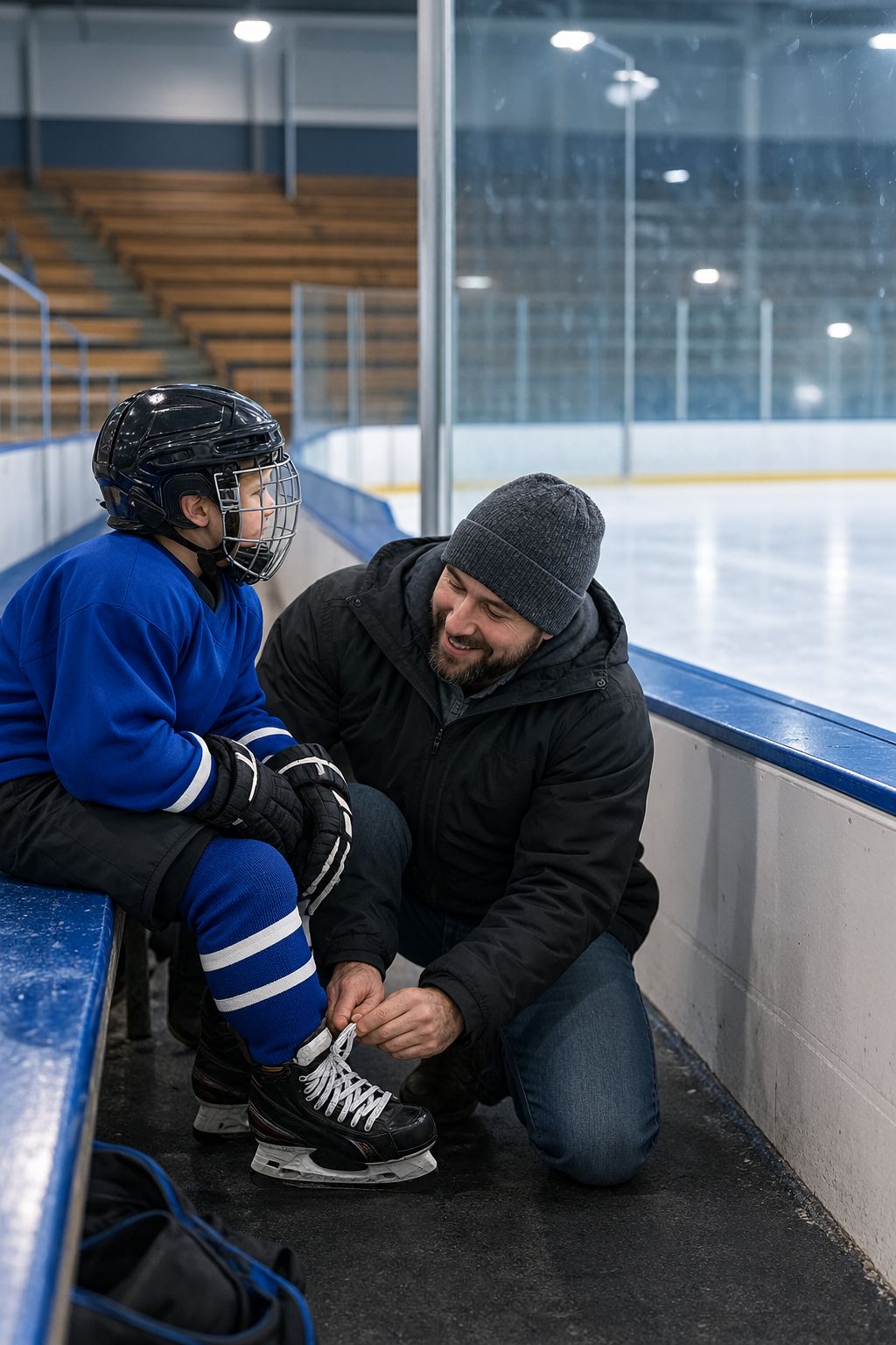 Un père lace les patins de son fils sur le banc d'un aréna.