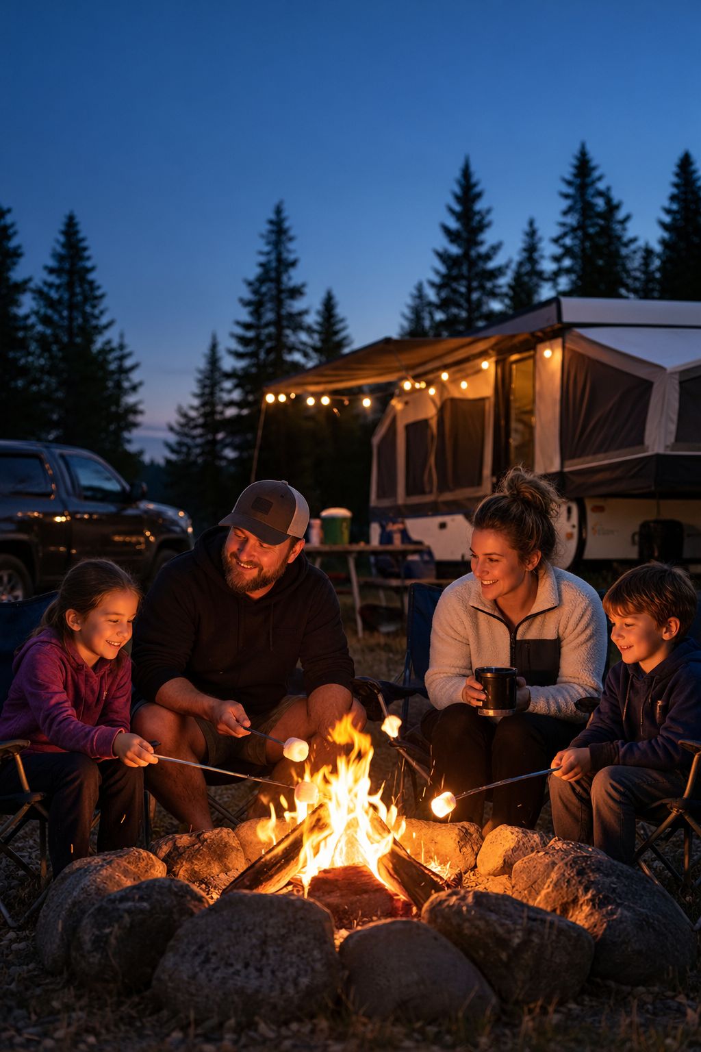 Une famille autour d'un feu de camp, pick-up et roulotte en arrière-plan.